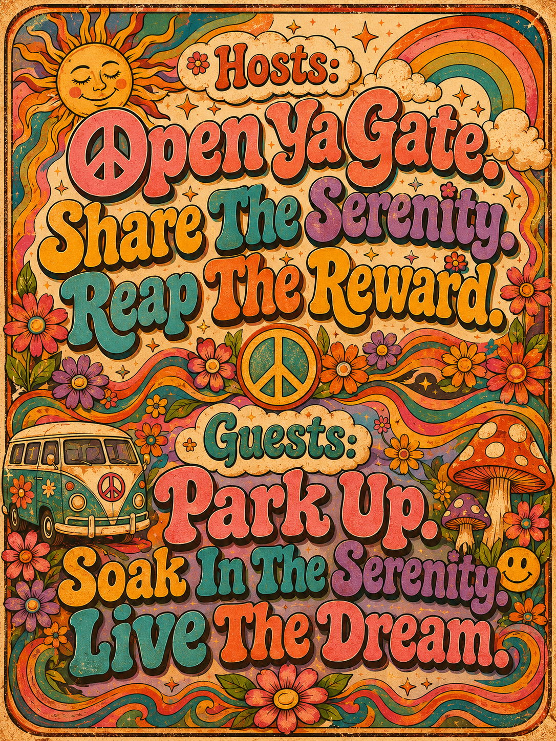 Hosts: Open ya gate. Share the serenity. Reap the reward. Guests: Park up. Soak in the serenity. Live the dream.